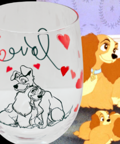 lady and the tramp love wine glass with disney movie scene background