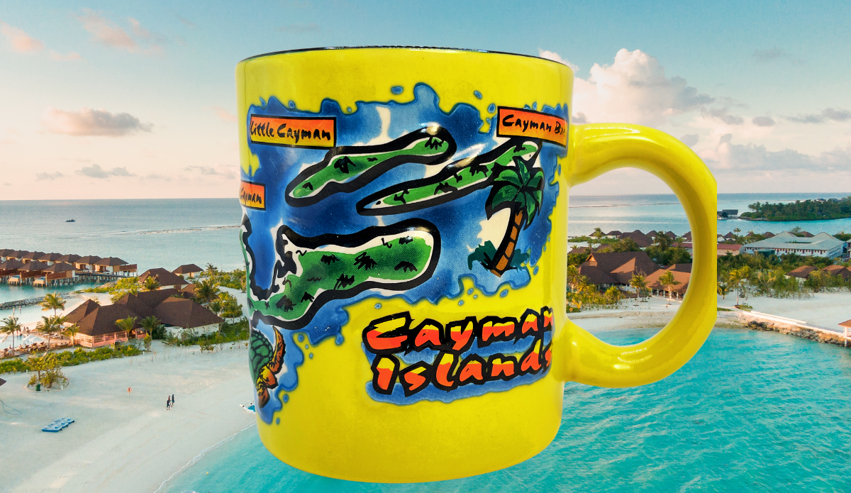 Back view of the mug featuring a smooth yellow ceramic surface that balances the bold front design.