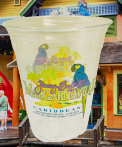Back view of the Margaritaville Caribbean souvenir cup highlighting its lightweight translucent plastic construction