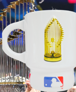 MLB World Series trophy mug styled with championship celebration background