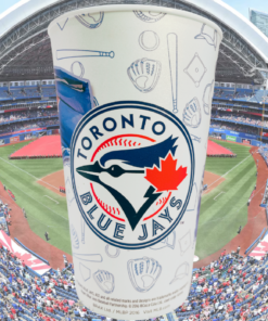 Toronto Blue Jays souvenir cup displayed in baseball stadium setting with team branding
