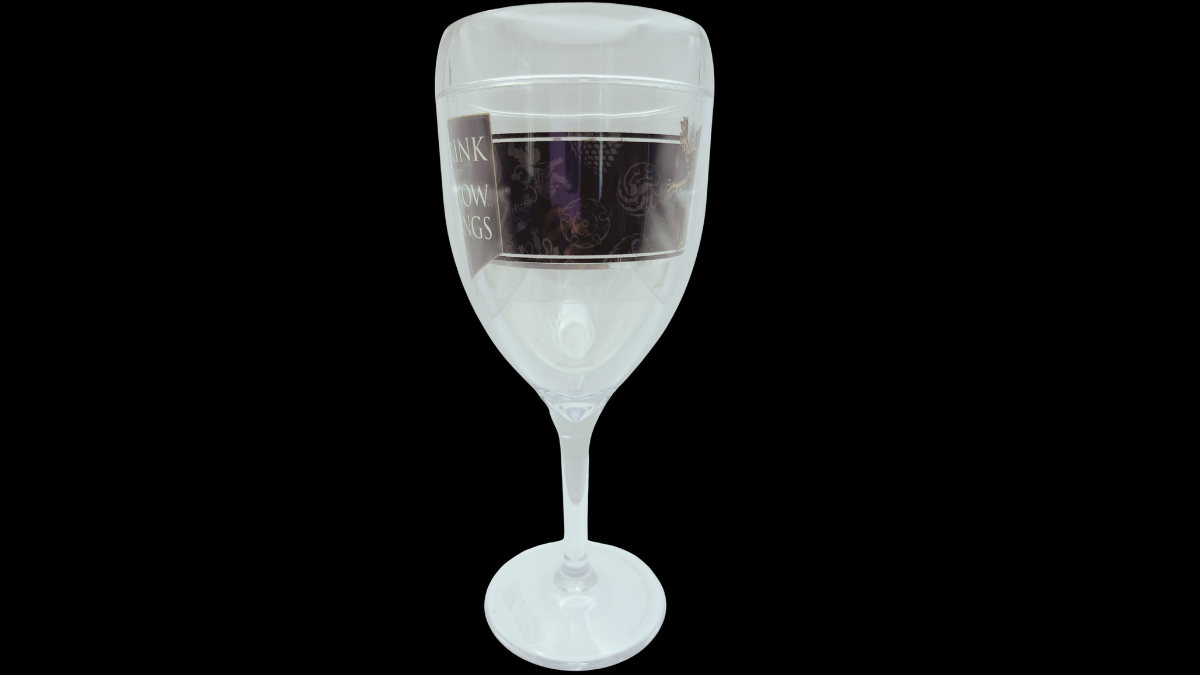 Side view of tervis fantasy quote wine tumbler showing wraparound crest artwork