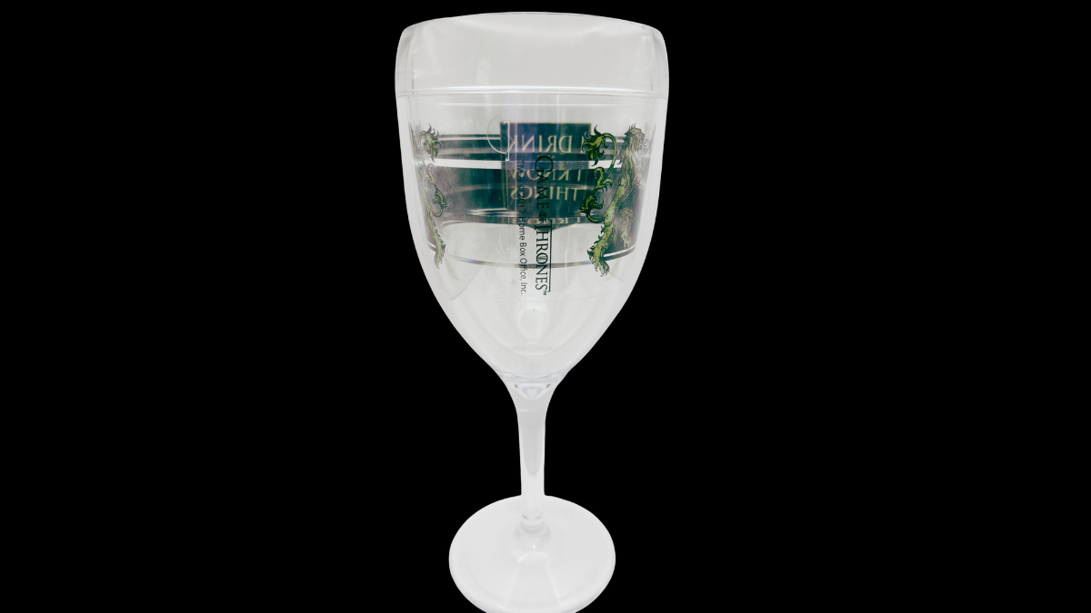 Back view of tervis wine tumbler showing green heraldic lion graphic