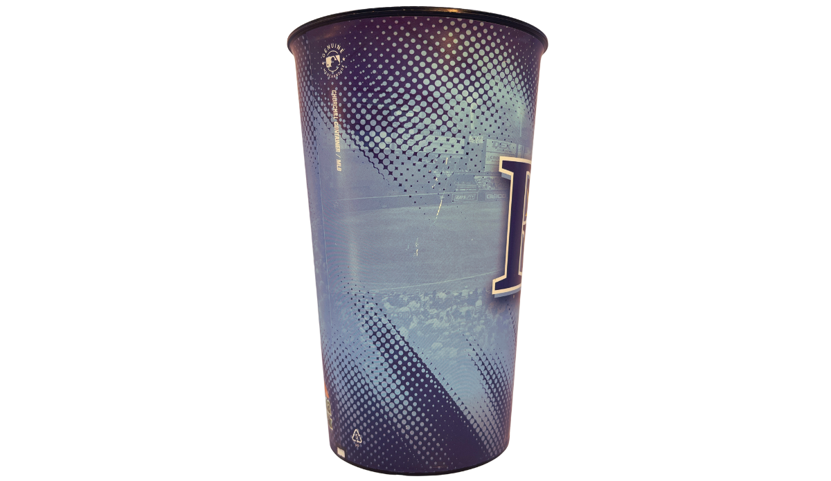 Side view showing the continuation of the Tampa Bay Rays logo across the cup, blended into a gradient halftone pattern for a seamless wrap design.