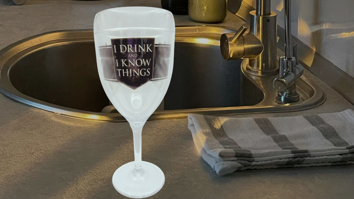 Tervis Know Things wine tumbler displayed on kitchen counter