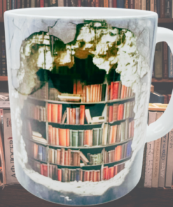 gray 3d bookshelf mug styled with books on table cozy reading setup
