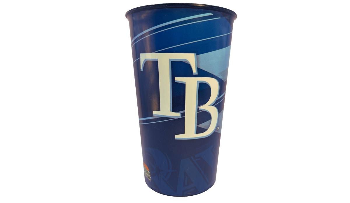 Tampa Bay Rays TB stadium cup front view with large TB logo and blue swirl background