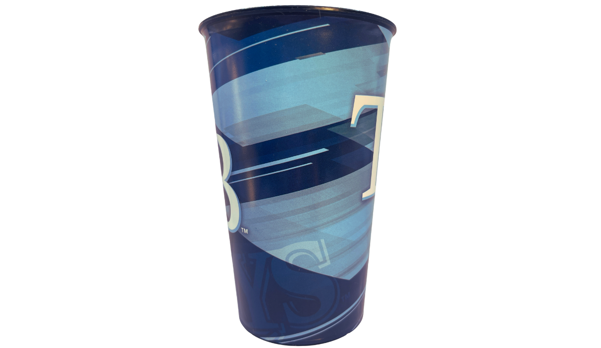 Tampa Bay Rays TB stadium cup side view showing blue swirl motion design