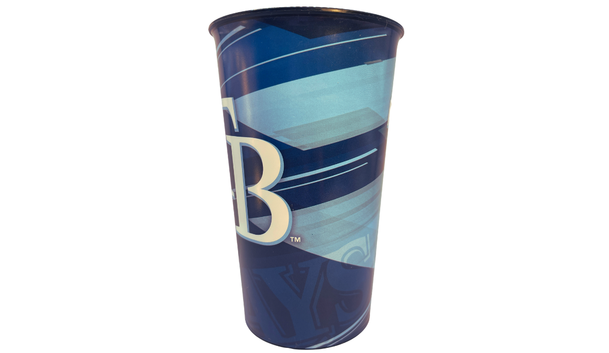 Tampa Bay Rays TB stadium cup side view showing blue swirl motion design