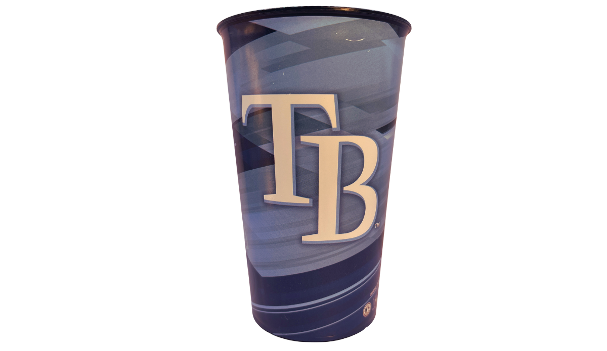 Tampa Bay Rays TB stadium cup front view with large centered TB logo and blue swirl background