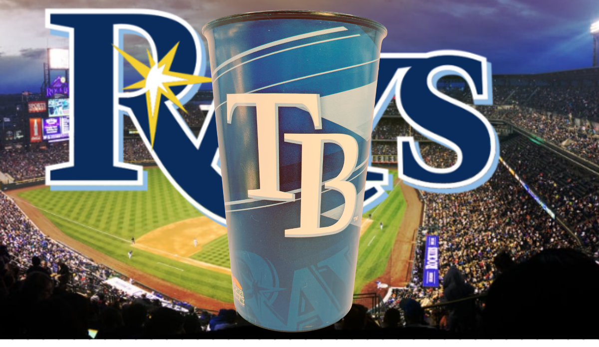 Tampa Bay Rays TB stadium cup displayed in baseball stadium setting with Rays logo background