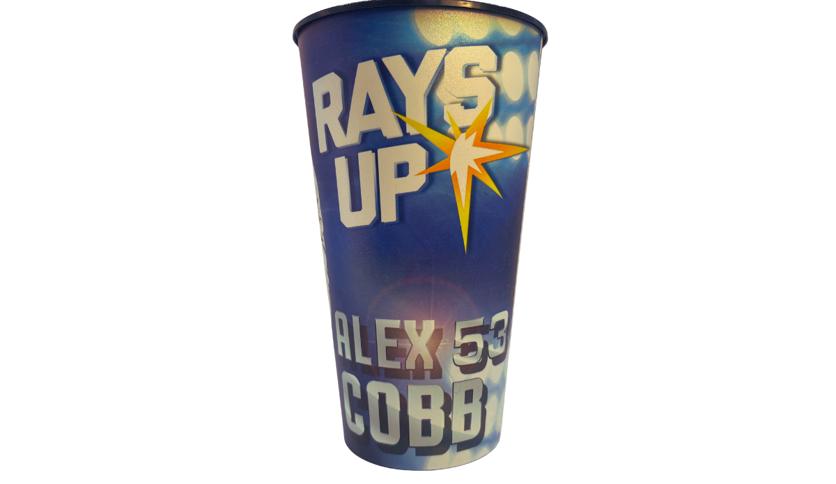 Tampa Bay Rays Alex Cobb Rays Up stadium cup front view with player name and starburst logo