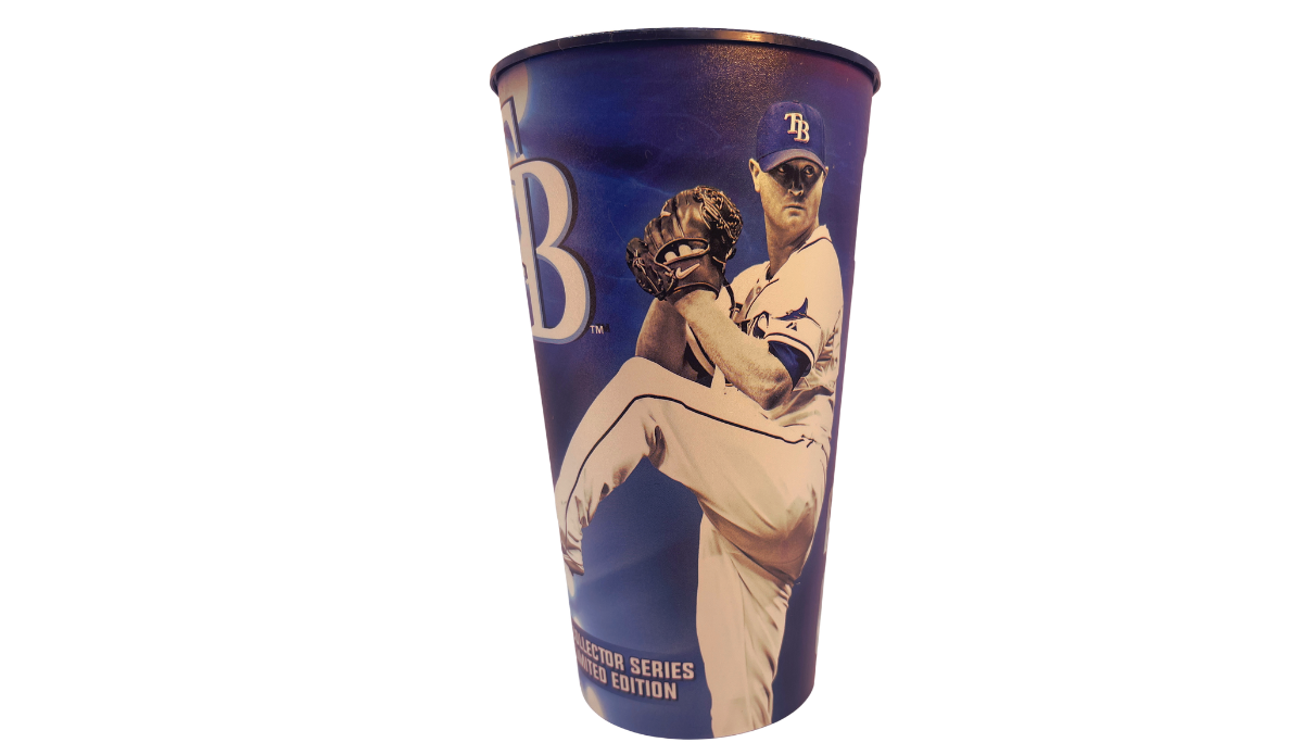 Tampa Bay Rays Alex Cobb stadium cup back view with full pitching pose graphic