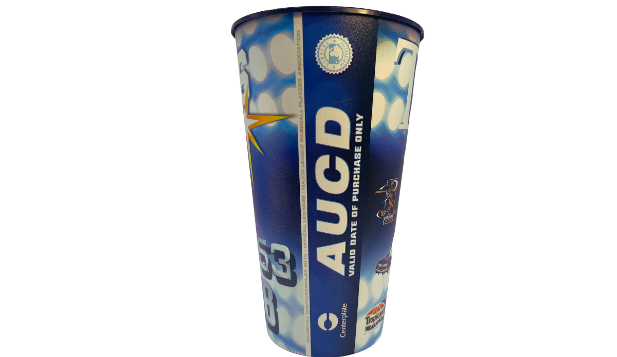 Tampa Bay Rays Alex Cobb stadium cup side view with AUCD ticket graphic and official MLB licensing details