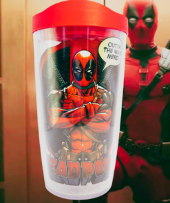 Tervis Marvel Deadpool tumbler styled with Deadpool themed background