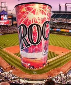 Back view of the Colorado Rockies 2015 stadium cup showing the 2015 season detail with a stadium skyline and colorful fireworks display.