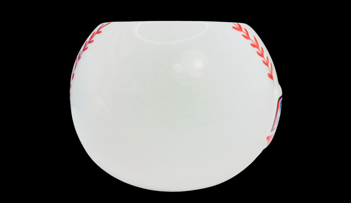 Side handle view of the Snickers 3D Baseball Mug showing its sculpted baseball shape and elevated stitching details.
