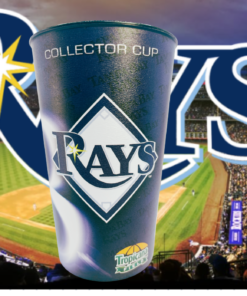 Tampa Bay Rays collector cup displayed in stadium setting with baseball field background