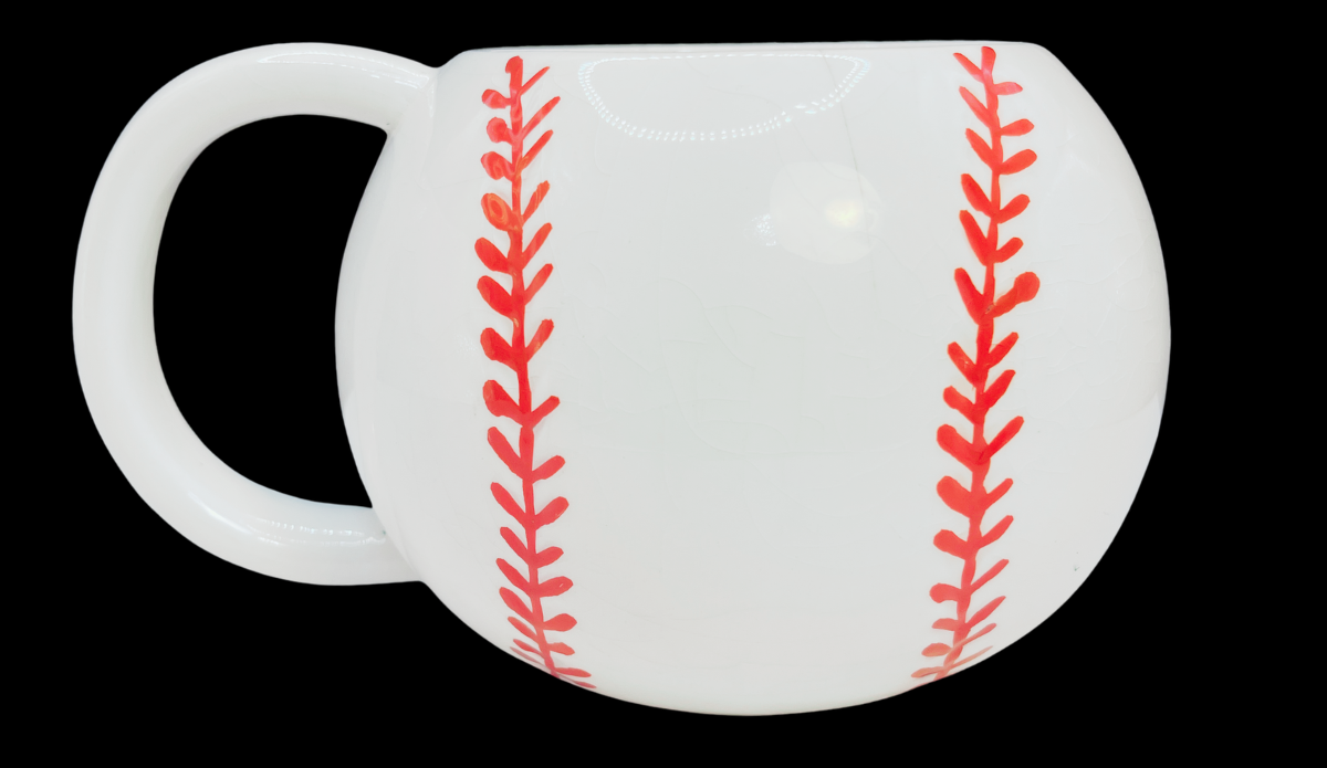Snickers baseball mug back view with smooth ceramic surface and stitching