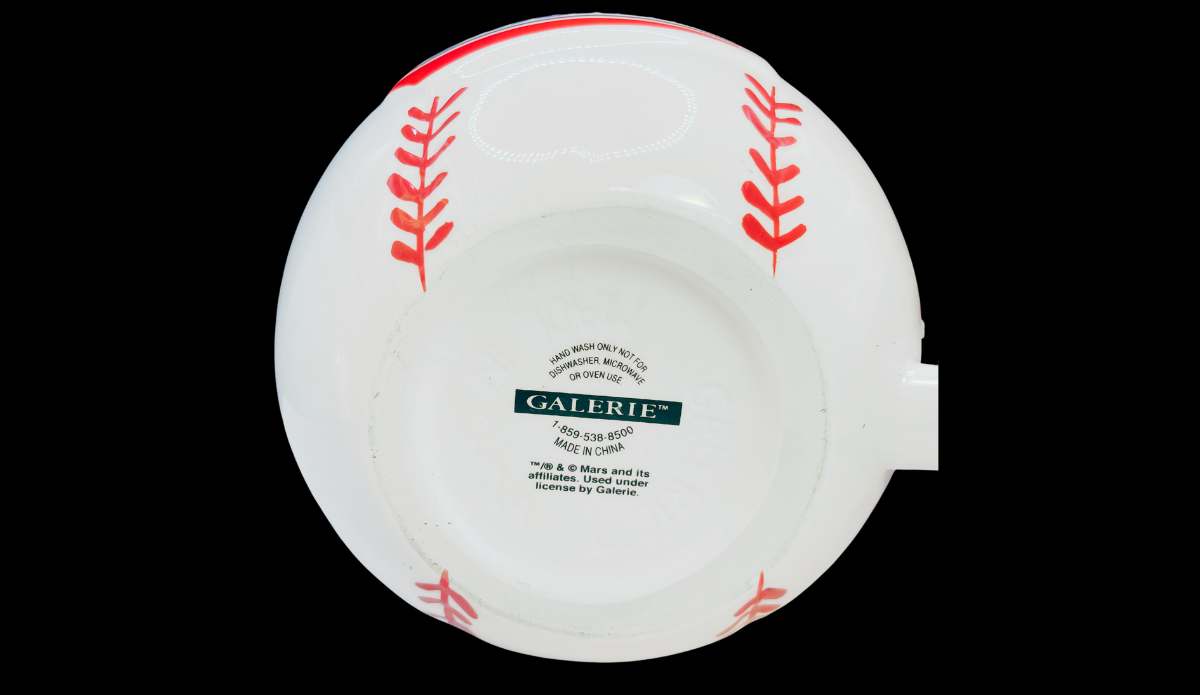 Snickers baseball mug bottom with Galerie brand stamp