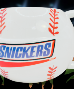 Snickers 3D baseball mug in cozy stadium style setting with crowd and lights