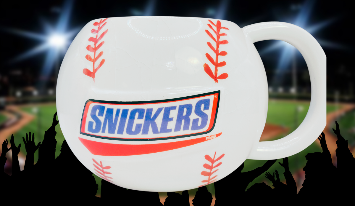 Snickers 3D baseball mug in cozy stadium style setting with crowd and lights