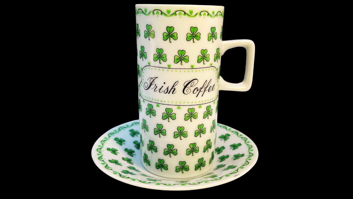 Irish Coffee shamrock cup and saucer set with green clover pattern and Irish Coffee lettering