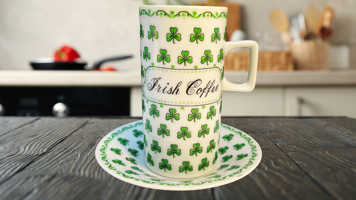 Bottom view of the Irish Coffee cup showing the ceramic base with the number 1342 printed on the underside while resting on the matching shamrock decorated saucer.