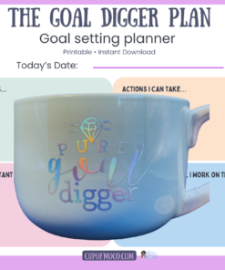 Pure Goal Digger mug with goal setting planner printable workspace lifestyle image motivation desk setup