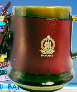 Nassau Bahamas leather wrapped tankard mug with colorful Bahamas island signpost