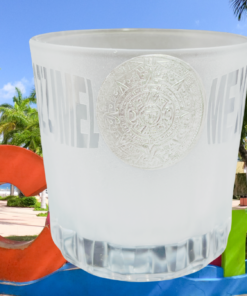 Cozumel Mexico rocks glass with Cozumel cruise port sign background