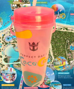 CocoCay Coco Loco tumbler in front of Perfect Day at CocoCay souvenir island map