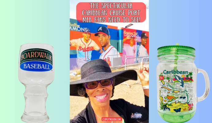 Curaçao cruise port baseball mural selfie with Caribbean drinkware and Boardwalk Baseball glass