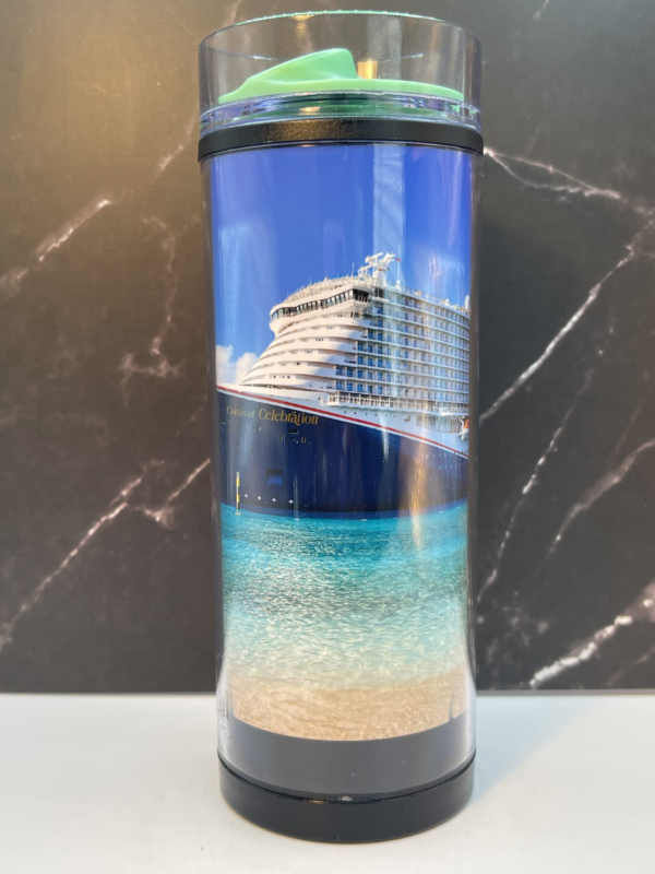 This 12-ounce tumbler features a vibrant panoramic view of the iconic Carnival Celebration Cruise Ship. 