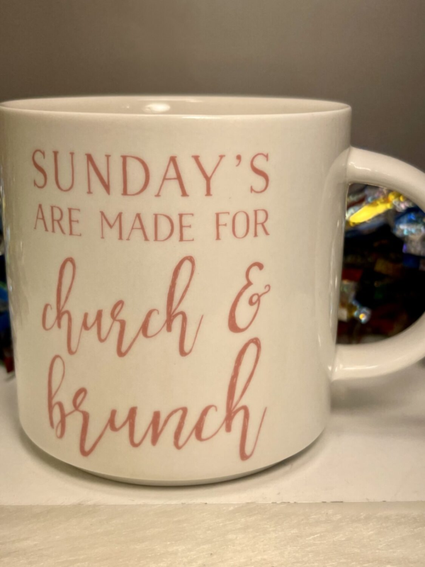 This fun coffee cup mug is equally cute and functional. Additionally, it holds 14 ounces with generous handle. This is the perfect gift mug someone who knows Sundays Are Made For Church and Brunch.