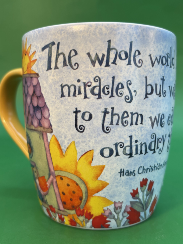 Embrace the everyday wonders of life with the enchanting Series Of Miracles Mug from the Inspired Mood Collection! 
Indeed this Series Of Miracles Mug is a 20-ounce ceramic mug adorned with a colorful image of charming birdhouses.