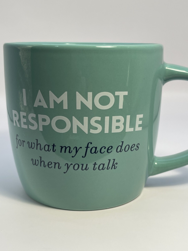 The sarcastic message is on both sides of this Extra Large Coffee Cup Mug. You’ll laugh and appreciate the funny message. It says, I am Not Responsible for what my face does when you talk.