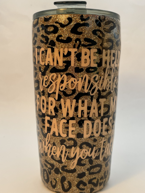 Unleash your inner sass with the Not Responsible Leopard Print Tumbler. It’s the perfect #cupofmood and a bold, sparkly 24-ounce tumbler that makes a statement with every sip!