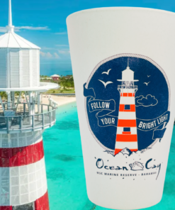 Ocean Cay MSC Marine Reserve lighthouse Bahamas souvenir cup with cruise ship and private island beach background