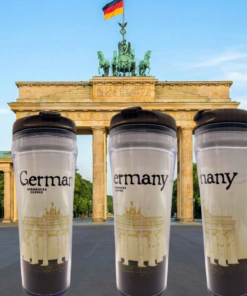Starbucks Germany travel tumbler featuring Brandenburg Gate design shown in front of Berlin landmark