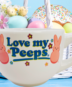 Love My Peeps Easter bunny mug styled with pastel eggs flowers and spring basket display