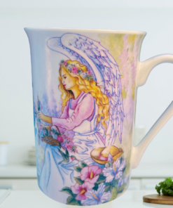 AngelStar garden angel mug styled in peaceful floral setting with soft natural light