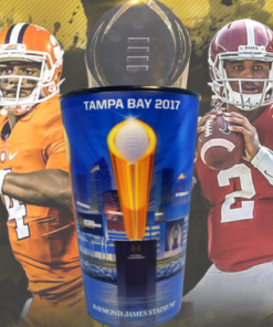 Tampa Bay 2017 championship cup with Clemson and Alabama players background