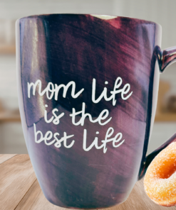 mom life is the best life mug purple ceramic mug kitchen scene with donuts