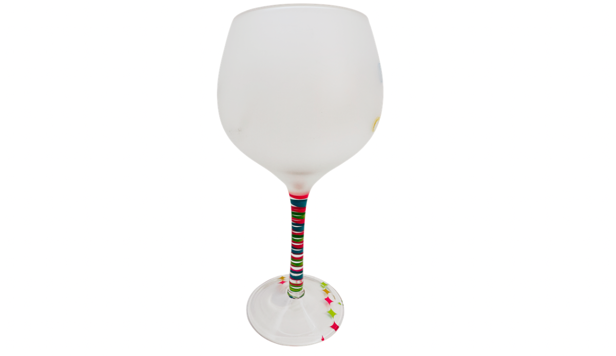 Side view of frosted funny mom wine glass with colorful striped stem