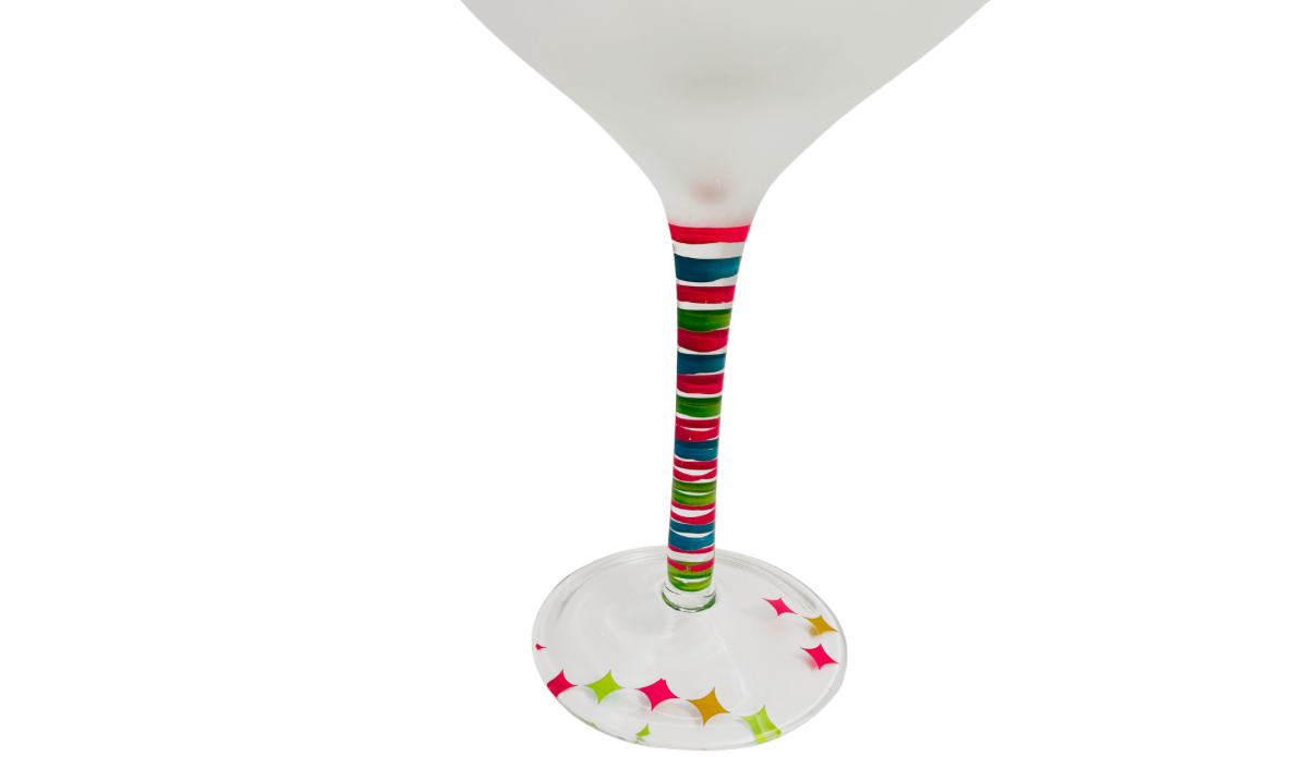 Choosy Moms Choose Chardonnay funny mom wine glass colorful striped stem close up