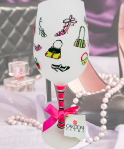 Carlton Cards fashion wine glass styled with pearls, black handbag, perfume bottle, and high heels