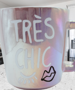 iridescent tres chic mug in modern chic kitchen with white cabinets and stainless steel appliances