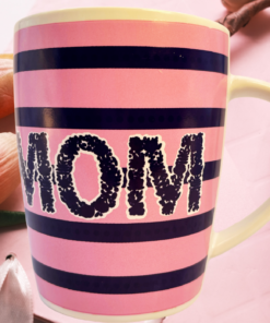 pink striped mom mug styled with tulips and gift box soft feminine mothers day scene