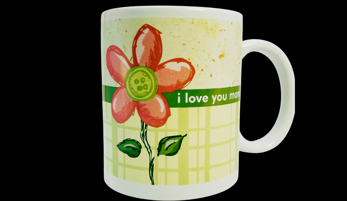 I love you mom floral plaid mug with pink flower and green band text